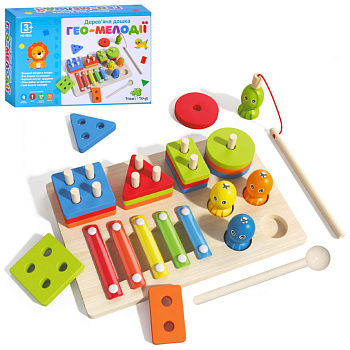 Дерев'яна іграшка Багатофункціональна дошка "Гео-Мелодії" MD 0855 геометрика, ксилофон