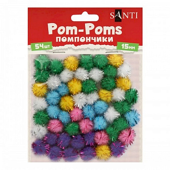 Декоративні помпони з люрексом для творчості 954656 кольорові, d-15 мм, 54 шт.