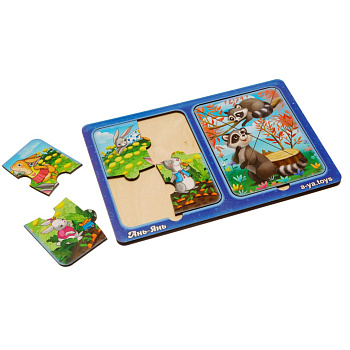 Дерев'яний пазл-вкладиш "Зайчики та єнотики" Ubumblebees (ПСД182) PSD182 в рамці